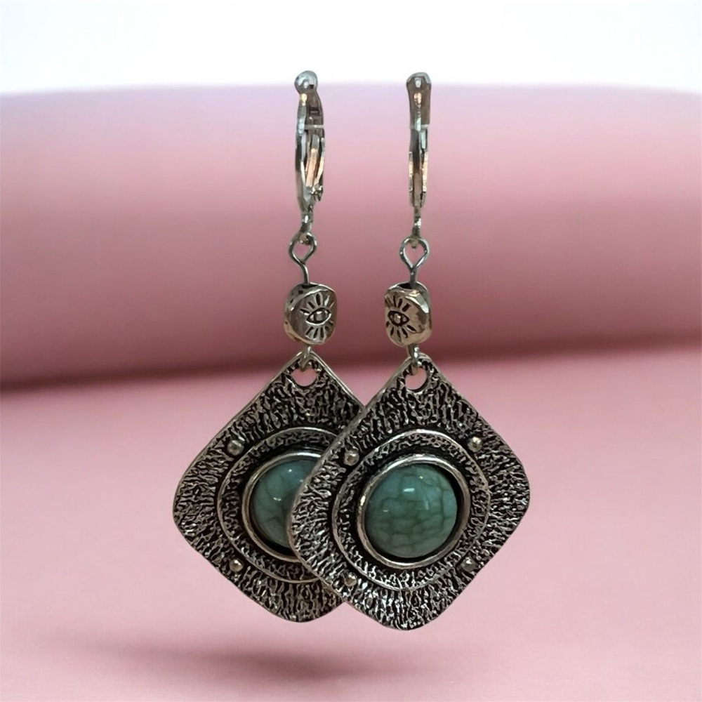 BOUTIQUE Elegant Silver and TURQUOISE Dangle Earring, Diamond Shaped Dangles